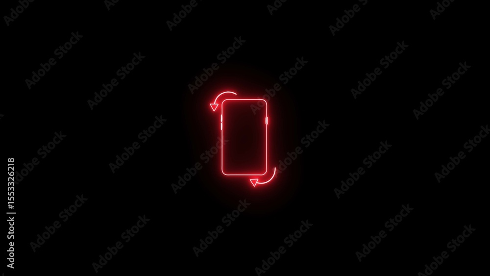 Poster glowing red neon smartphone screen rotation icon on a deep black backdrop illustrating mobile techno