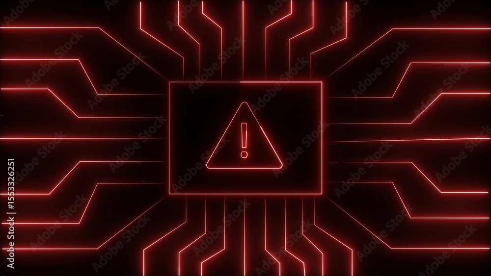 Poster futuristic circuit board design emphasizing network security threat with red alert symbol on black b