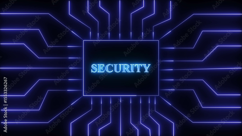 Poster digital security concept illuminated by circuit board and glowing text representing cyber defense an