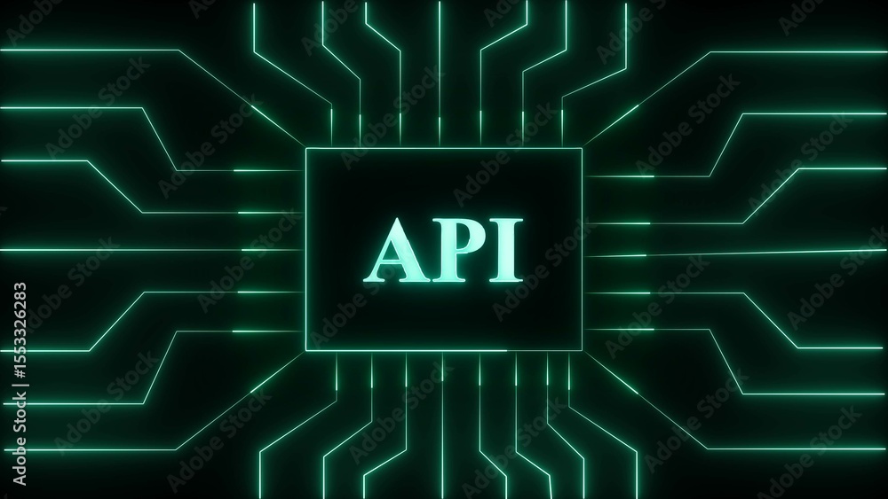 Poster conceptual digital artwork depicting api integration in a circuit board style with glowing green lin