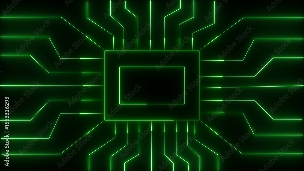 Aufkleber futuristic green circuit board with glowing lines and square cpu chip design concept for modern tech