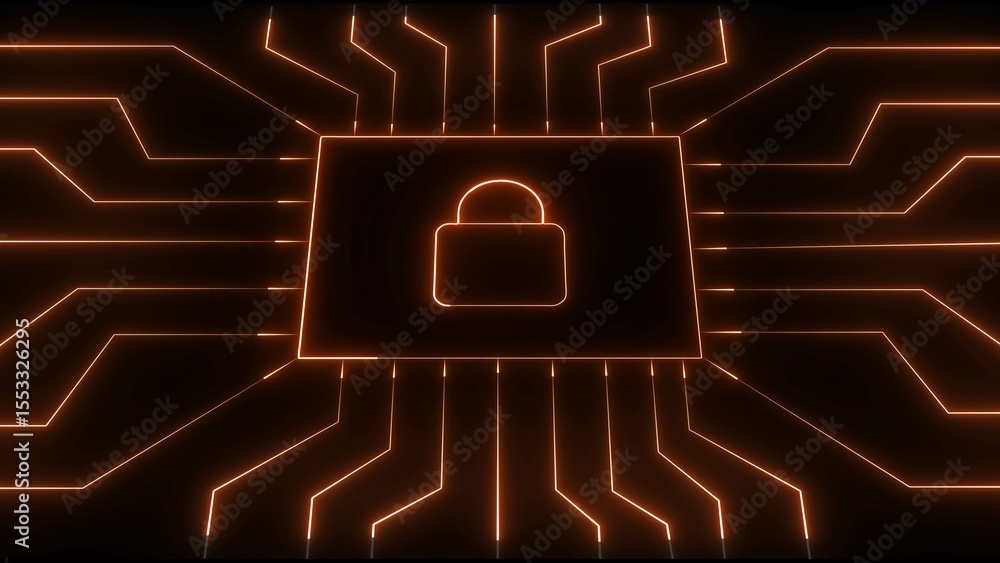 Poster abstract representation of cyber security featuring a glowing lock symbol integrated within a circui