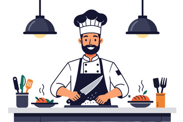 Professional Chef Preparing Food with a Knife in a Restaurant Kitchen Illustration