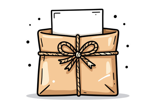 Hand-Drawn Illustration of a Brown Paper Package Tied with String and a Blank White Card