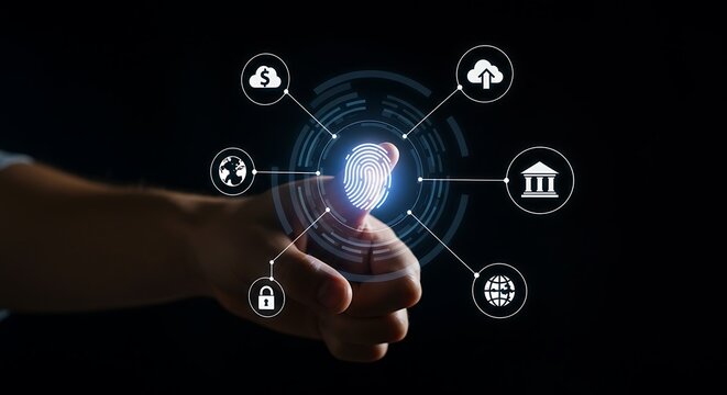 Biometric fingerprint identification accessing digital banking and cloud computing services securely