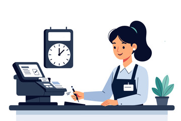 Friendly Cashier Woman Working at Checkout Counter with Clock and Plant Illustration