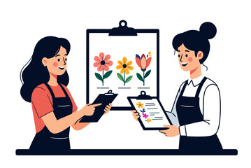 Two Florists Discussing Flower Arrangements and Inventory in a Bright, Modern Illustration Style