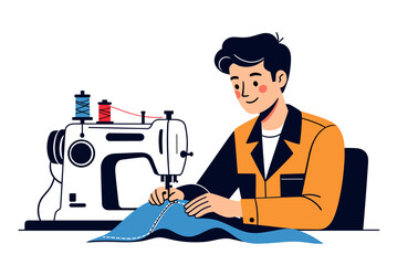 Illustration of a Man Sewing Blue Fabric with a Sewing Machine, Demonstrating Tailoring and Craftsmanship