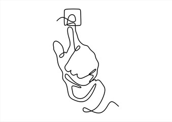 Hand pressing a button in a continuous line drawing.  line icon-continuous line drawing. Editable stroke.