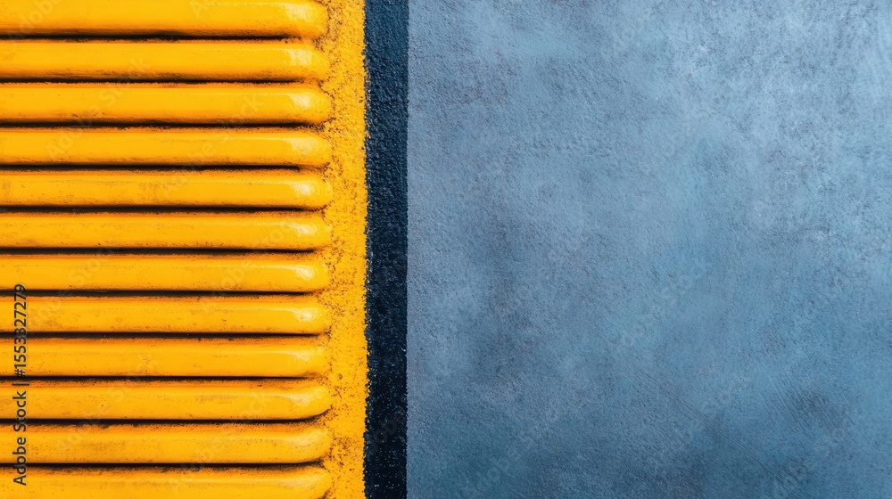 Poster distinctive yellow vertical structures contrasted against a textured blue wall, perfect for illustra