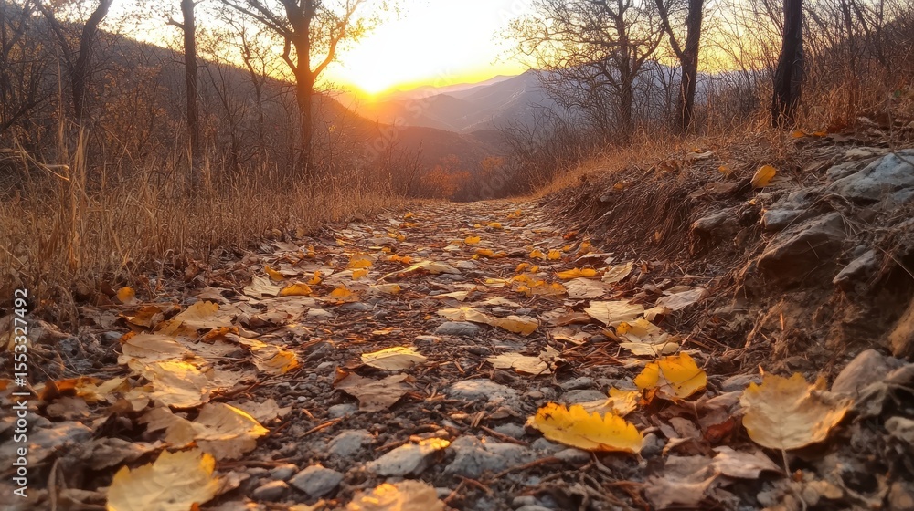 Poster a scenic pathway adorned with golden autumn leaves while the sun sets in the background, creating a 
