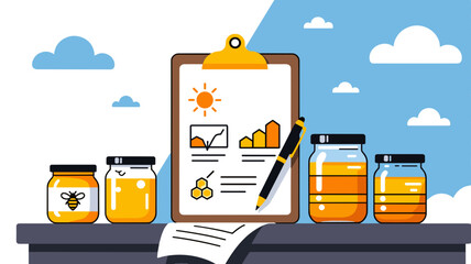Honey Production and Sales Analysis with Jars of Honey and a Clipboard Illustration