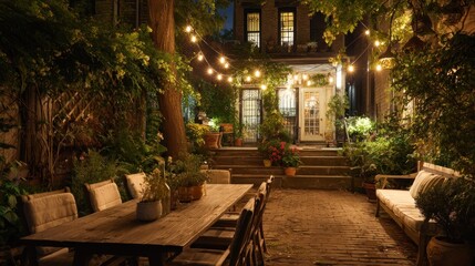 Obraz premium Charming, well-lit backyard patio at night, perfect for entertaining
