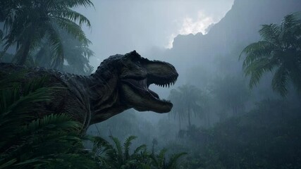 A fearsome Tyrannosaurus Rex roars in a dense, foggy prehistoric jungle. Cinematic scene of a T-Rex dinosaur in a misty, rainy lost world.
- Powered by Adobe