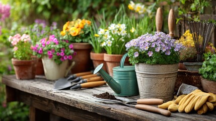 Spring garden tools and blooming flowers on a rustic wooden bench