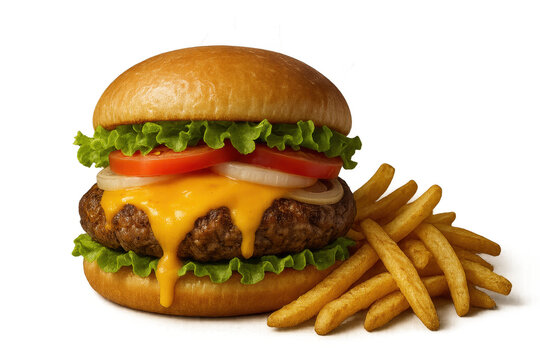 Delicious cheeseburger with fries on transparent background, tasty and fresh - Powered by Adobe