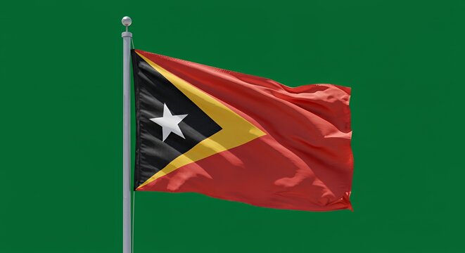 East Timor's vibrant flag billows proudly against a verdant backdrop.
