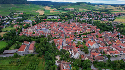 A panorama aerial view around the old town in the city Iphofen Germany on a sunny spring morning