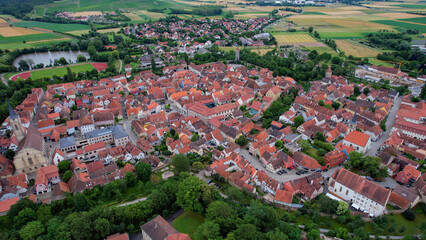 A panorama aerial view around the old town in the city Iphofen Germany on a sunny spring morning
