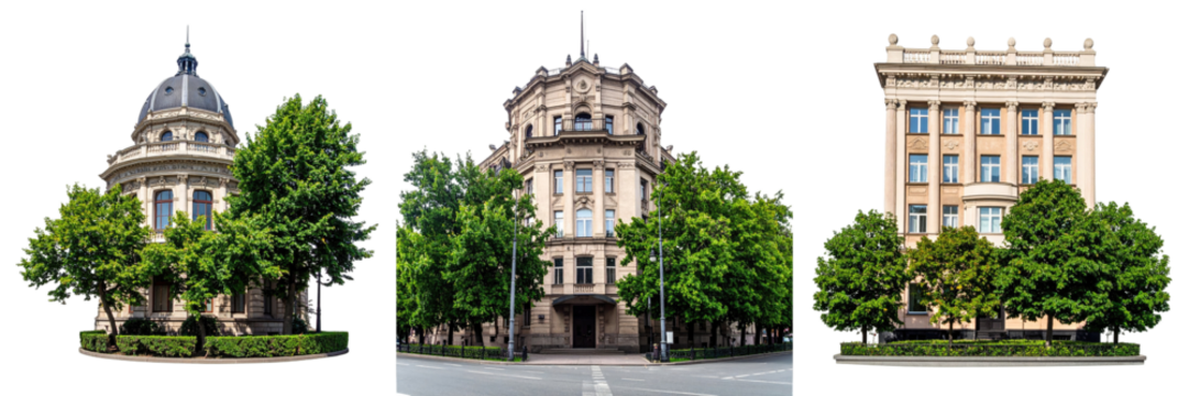 Architectural Ensemble of Buildings with Green Trees in Daylight against Transparent Background Illustrating Urban Landscape and Historic Design - Powered by Adobe