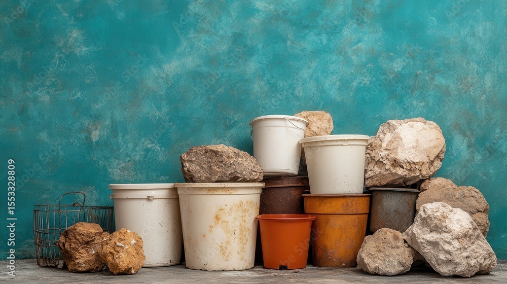 Aufkleber this image captures a rustic setting with assorted buckets and stones stacked against a teal wall, c