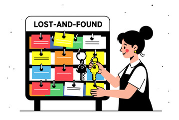 Woman Posting Lost and Found Notice on Bulletin Board with Colorful Notes and Keys Illustration