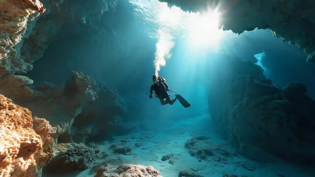 A scuba diver explores an illuminated underwater cave with rays of sunlight streaming through clear blue water.