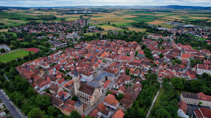 A panorama aerial view around the old town in the city Iphofen Germany on a sunny spring morning