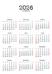 2026年の年間カレンダー月曜始まりタイプライター風文字 縦位置