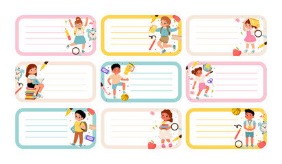 School label sticker set for kids in a flat vector style. Name label with place for text. Back to school organization, name tags, notebooks, and cute school supplies.