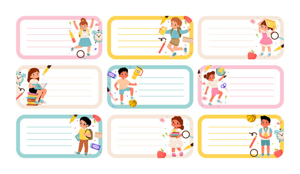 School label sticker set for kids in a flat vector style. Name label with place for text. Back to school organization, name tags, notebooks, and cute school supplies.