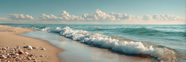 Banner with summer sea with foamy waves and seashells on golden beach under clear sky and scenic clouds