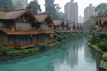 Fototapeta premium Beautiful riverside wooden houses surrounded by lush greenery in a tranquil setting during overcast weather