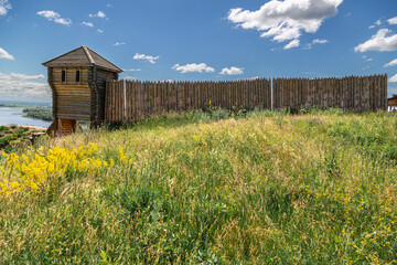 Ancient wooden fortress on a background of river spaces. Russia, Tatarstan, ancient Bulgar fortress in Yelabuga