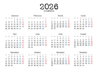 2026年の年間カレンダー月曜始まり 日本の祝日表記無し タイプライター風文字 横位置