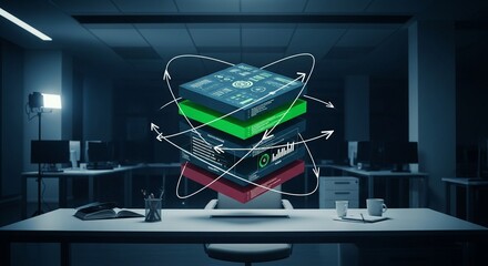 Three layered data blocks floating above a desk with arrows in a dim office setting at night time