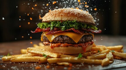 Appetizing Double Cheeseburger with Bacon and Fresh Lettuce, Enhanced by Golden French Fries