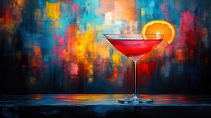 Vibrant red cocktail in martini glass adorned with orange slice against colorful blurred background