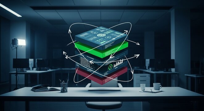 Three layered data blocks floating above a desk with arrows in a dim office setting at night time