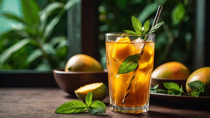 Refreshing mango iced tea with mint, ice cubes, tropical cold drink, perfect summer beverage.