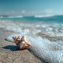 Seashell on Beach Sands at Waters Edge with Ocean Waves in Background on a Sunny Day