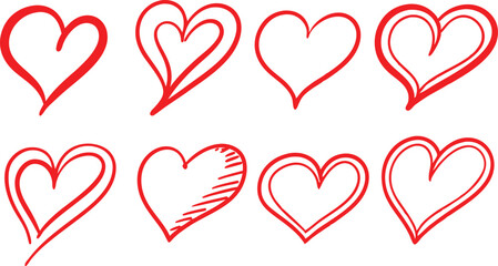 Collection of eight hand drawn red heart illustrations with varying styles and line weights on a clean white background perfect for romantic themes