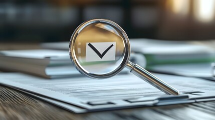 Magnifying Glass Highlighting Approved File in Digital Paperwork Verification Process