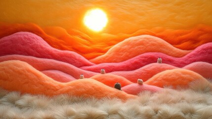 Vivid Woolly Hills and a Radiant Sun An Artful Landscape Created with Wool in Warm Tones