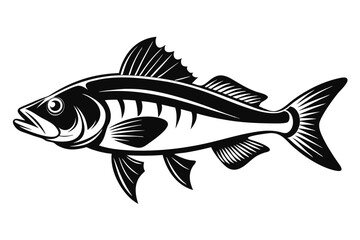 Black and white graphic illustration of a fish with detailed fins and scales