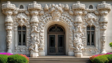 Architectural Facade with Intricate Carvings Doorway Windows and Floral Accent Sunny Exterior Shot