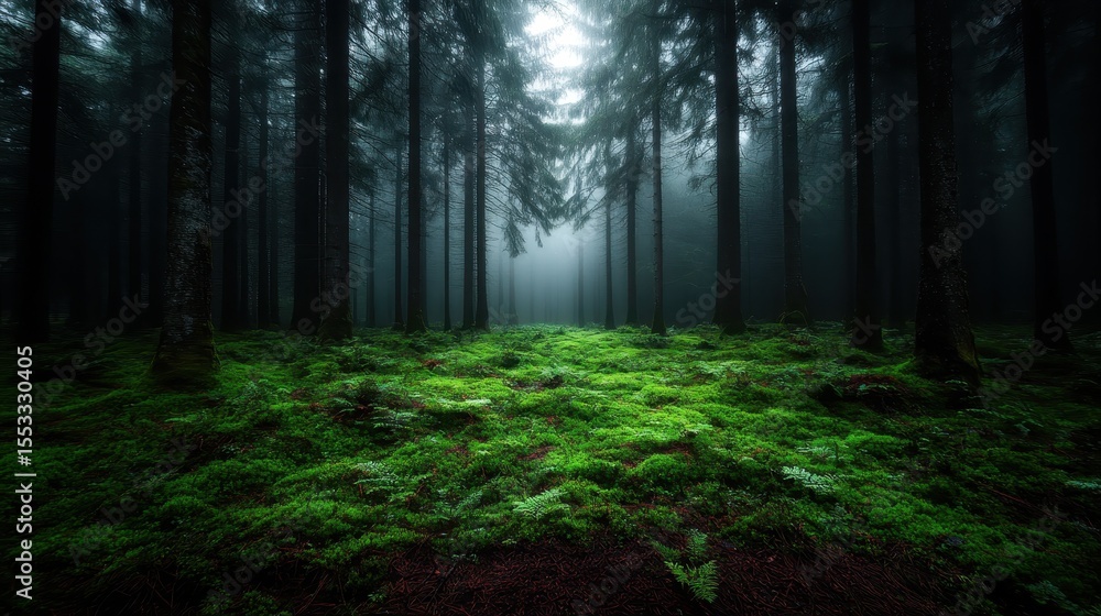 Poster in this captivating image, a foggy forest envelops tall trees and lush ferns, creating an enchanting
