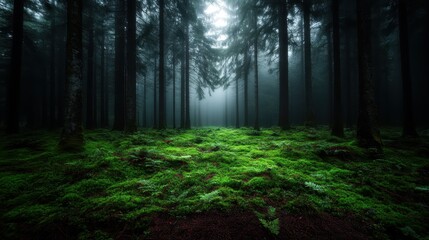 Obraz premium In this captivating image, a foggy forest envelops tall trees and lush ferns, creating an enchanting and mysterious atmosphere that invites exploration and reflection.