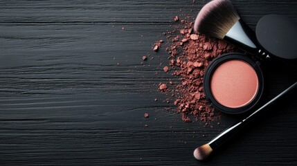 This elegant composition showcases makeup brushes and powder arranged on a dark wooden surface, highlighting beauty tools with a modern aesthetic and craftsmanship.