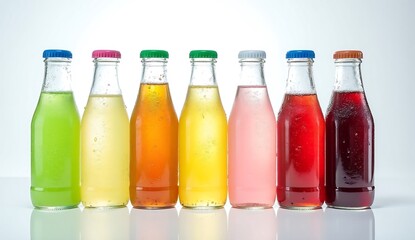 Seven glass bottles filled with colorful beverages in a row drink